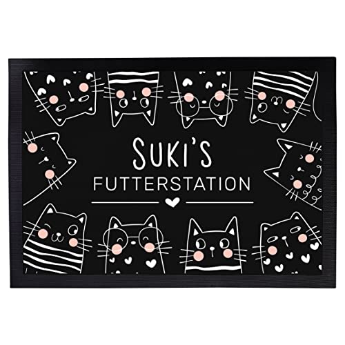 Napfunterlage Katzen personalisiert mit Namen Geschenk für Katzenbesitzer Katzenmama Katzenpapa rutschfest & waschbar schwarz (Futterstation Schwarz - 35x50cm) von Manilu