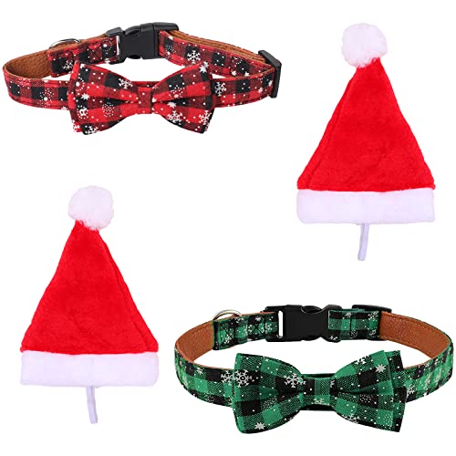 Maotrade 2 Stück Weihnachten Hundehalsband mit Fliege Kariertes Schneeflocken Katzenhalsband Einstellbar für Kleine Mittlere und Große Hunde Katze mit 2 Stück Haustier Weihnachtsmütze (Rot und Grün) von Maotrade