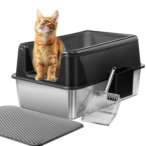 Marchul (1PACK) Katzentoilette XL, Edelstahl-Katzenklo für große Katzen, XL Metall Katzentoilette mit Deckel, Urin-Dicht, Nicht-klebrig, inkl, Streumatte und Edelstahl KOT-Schaufel von Marchul