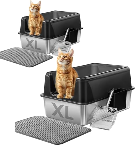 Marchul (2PACK) Katzentoilette XL, Edelstahl-Katzenklo für große Katzen, XL Metall Katzentoilette mit Deckel, Urin-Dicht, Nicht-klebrig, inkl, Streumatte und Edelstahl KOT-Schaufel von Marchul