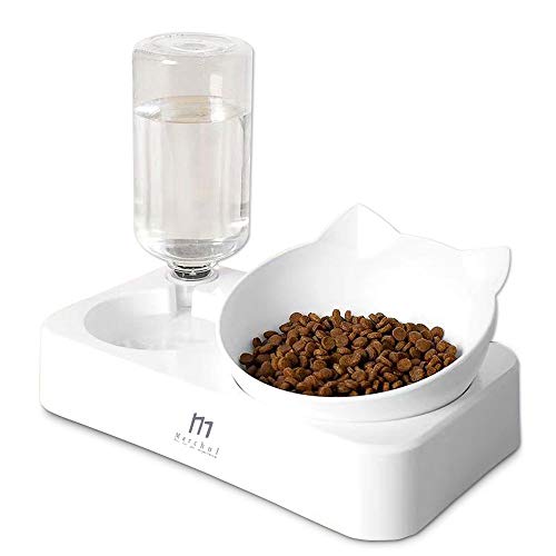 Marchul Katzennapf, 15° Neigbar mit Automatischer Wasserflasche, gekippter erhöhter Wassernapf für Kleine und Mittelgroße Hunde und Katzen von Marchul