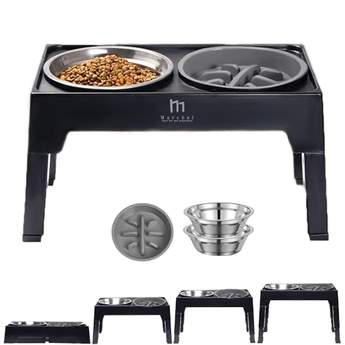Marchul Erhöhter Slow Feeder Hundenapf, 4 Höhenverstellbar Fressnapf Hund Erhöht mit 2 Edelstahlnäpfe und 1 Slow Feeder Hundenapf, Rutschfester Hundenapf mit Ständer Verstellbar von 8,9-31cm für Hunde von Marchul