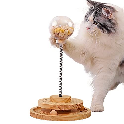 Marchul Interaktives Katzenspielzeug Aus Holz, Katzen Spielzeug Roller Tracks mit Drehteller, Katzenfutter Spielzeug mit Katze Leckerli Ball für Hauskatzen von Marchul