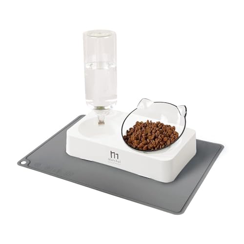 Marchul Katzennapf-Set mit Matte, Futternapf-und Wassernäpfe für Katzen und Kleine Hunde, 15° Neigbar Fressnapf Katze mit Automatischer Wasserflasche (Weiß+Matte) von Marchul