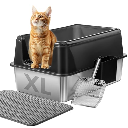 Marchul Katzentoilette XL, Edelstahl-Katzenklo für große Katzen, XL Metall Katzentoilette mit Deckel, Urin-Dicht, Nicht-klebrig, inkl. Streumatte und Edelstahl KOT-Schaufel von Marchul
