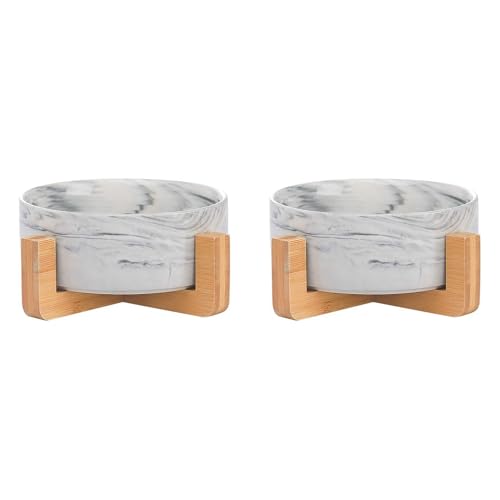 Marclix Keramik-Napf für Katzen und Hunde, Marmor-Stil, mit Holzständer, kein Verschütten, Haustierfutter, Wasser-Futterstation für Katzen und kleine Hunde, 2 Stück von Marclix