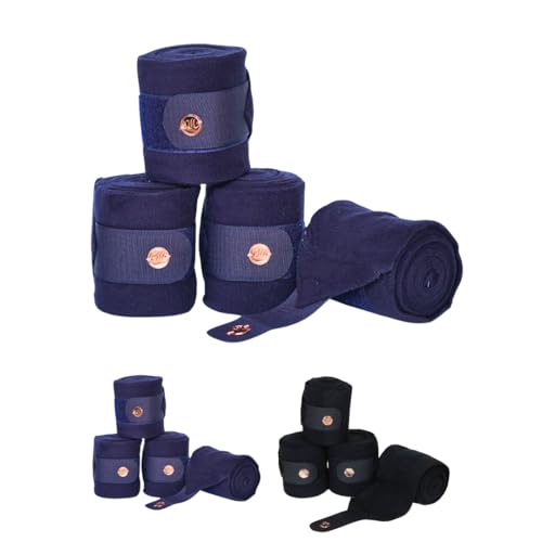 Marengos - Fleecebandagen Modern Rosé (4er Set) 300 cm | elastische Bandagen fürs Pferd mit Klettverschluss, roségoldenem Metallplättchen & Antipilling-Fleece | Pferde-Beinschutz in Nachtblau von Marengos