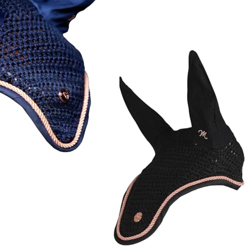Marengos - Fliegenhaube Modern Rosé | edle Fliegenohren mit roségoldenem Metallplättchen & Zierkordel | Ohrenschutz für Pferde | Schutz vor Insekten | Pferde Zubehör in Schwarz | Vollblut von Marengos
