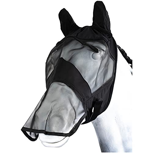 Marengos - Fliegenmaske mit Ohren- & Nasenschutz Premium | Pferdefliegenmaske in Schwarz | mit Elastikeinsätzen & Klettverschluss | Fliegenschutz mit UV-Schutz | Pferde Zubehör für Pony von Marengos