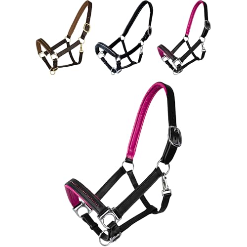 Marengos - Halfter Diamond aus Leder | Halfter für Pferde | Pferdehalfter mit farbig unterlegtem Nasenriemen & Genickstück | edles Lederhalfter | Pferde Zubehör in Schwarz/Pink | Vollblut von Marengos