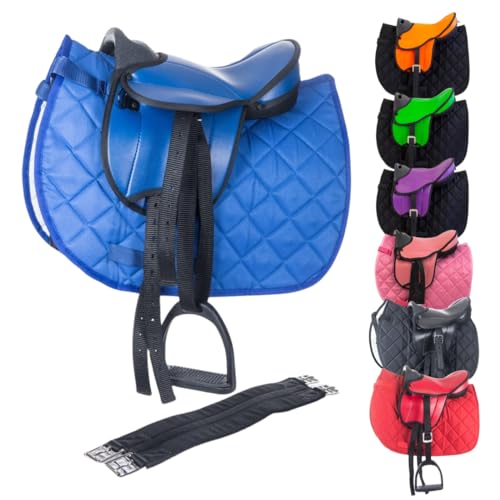 Marengos - Holzpferd Sattel Set | Sattel für Holzpferd mit Sattelgurt, Schabracke, Steigbügel & -Riemen | Sattel aus Kunstleder | Sattel-Typ Beginner in blau | Größe 12" von Marengos
