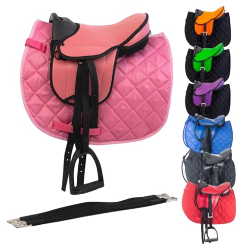 Marengos - Holzpferd Sattel Set | Sattel für Holzpferd mit Sattelgurt, Schabracke, Steigbügel & -Riemen | Sattel aus Kunstleder | Sattel-Typ Beginner in pink | Größe 12" von Marengos