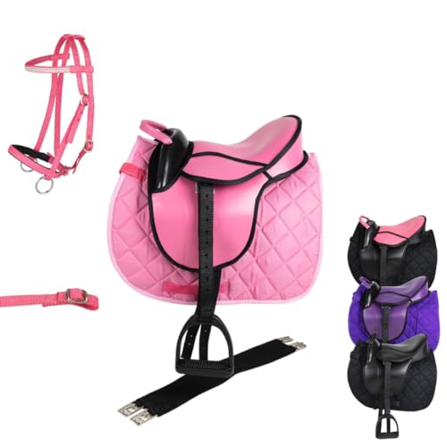 Marengos - Holzpferd Sattel Set | Sattel für Holzpferd mit Sattelgurt, Schabracke, Trense, Steigbügel & -Riemen | Sattel aus Kunstleder | Sattel-Typ Advanced in pink | Größe 12" von Marengos