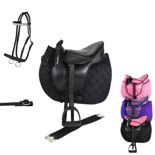 Marengos - Holzpferd Sattel Set | Sattel für Holzpferd mit Sattelgurt, Schabracke, Trense, Steigbügel & -Riemen | Sattel aus Kunstleder | Sattel-Typ Advanced in schwarz | Größe 12" von Marengos