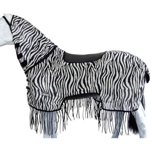 Marengos - Zebra Fliegenausreitdecke mit Fransen – Pferdedecke m. Sattelausschnitt & Halsteil – Schutz v. Insekten – feinmaschige Fliegendecke – Outdoorpferdedecke in Schwarz/Weiß – 155 cm von Marengos