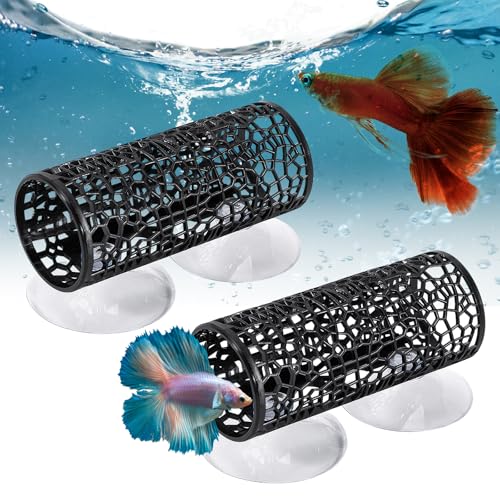 2 Stück Betta Fisch Tunnel Spielzeug, Aquarium Lochversteck mit Transparenten Saugnäpfen, PP-sicheres Material, 10cm Lang für Kleine Fische, Salmler, Zierfische von Marjoramy
