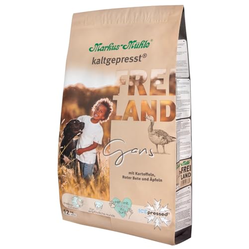 Markus-Mühle Freiland - FREILANDzutaten - Für empfindliche Hunde - 100% kaltgepresst - Premium Hundetrockenfutter (12kg, Gans) von Markus Mühle