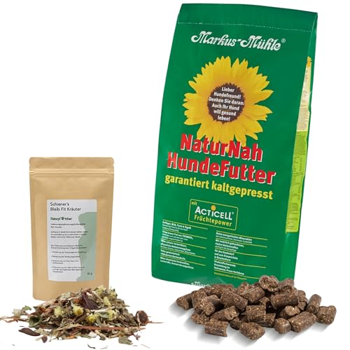 Markus-Mühle NaturNah Hundefutter, Kaltgepresst mit Hühnertrockenfleisch, Vollkornmais und Wild, 15 kg (15kg Markus Mühle Naturnah, + 50g Naturpfötchen Bleibfit Kräuter) von Markus Mühle