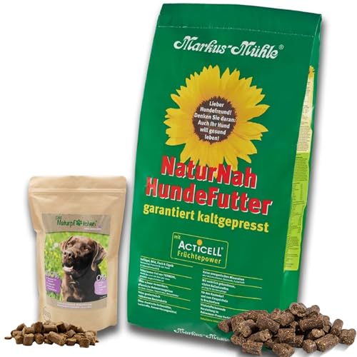 Markus-Mühle NaturNah Hundefutter, Kaltgepresst mit Hühnertrockenfleisch, Vollkornmais und Wild, 15 kg (15kg Markus Mühle Naturnah, + 800g Naturpfötchen Freilandgans Trockenfutter) von Markus Mühle