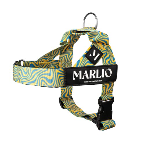 Marlio Verstellbares Hundegeschirr – stoppt das Ziehen, sorgt für Komfort und Stil mit leicht anzuziehen, anpassbaren Drucken und passender Leine, Größe XL, Blau/Gelb von Marlio
