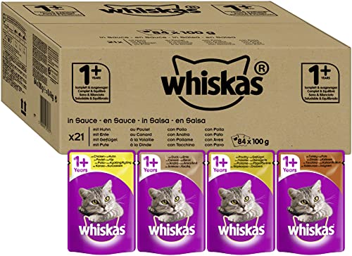 Whiskas 1+ Katzennassfutter – Geflügel-Auswahl in Sauce – Hochwertiges Feuchtfutter für ausgewachsene Katzen im Portionsbeutel – Katzenfutter – Großpackung (84 x 100g) von Mars