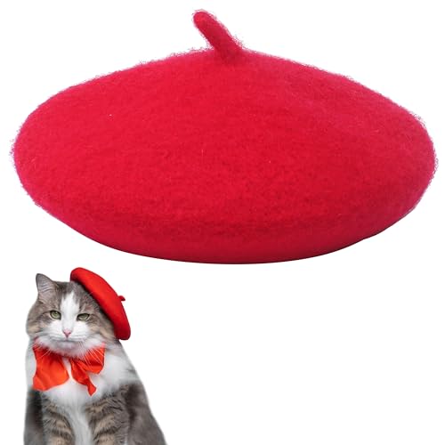 Baskenmütze mit roter Katze, Hund, bunte Wollkappe, kreatives Zubehör, Kostüm, einfarbig, für Haustierpuppe, Kopfbedeckung, Dekoration von Marsrut