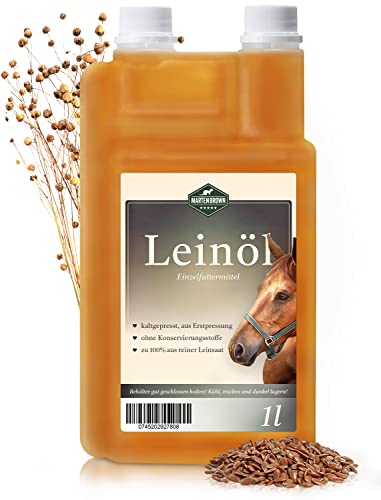 Martenbrown® Leinöl 1 Liter kaltgepresst für Pferde und Hunde | Erstpressung | Dosierflasche I 100% rein, ohne Zusatzstoffe | Nahrungsergänzung für Trockenfutter, Dosenfutter und zum Barfen von Martenbrown