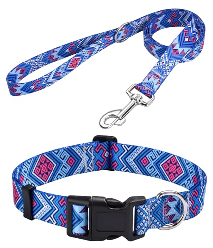 MarukoPet Hundehalsband und Leine, verstellbar, für kleine, mittelgroße und große Hunde, Welpen, niedliches Design mit Bohemian-Blumenmuster, geometrische Muster, für Jungen und Mädchen, Hundehalsband von MarukoPet