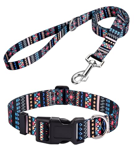 MarukoPet Hundehalsband und Leine, verstellbar, für kleine, mittelgroße und große Hunde, Welpen, niedliches Design mit Bohemian-Blumenmuster, geometrische Muster, für Jungen und Mädchen, Hundehalsband von MarukoPet