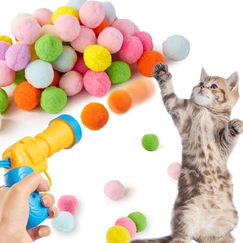 Katzenspielzeug Bälle mit Katzenspielzeug-Werfer, Interaktives Katzenspielzeug, Katzen Ball Launcher, Katzenspielzeug Ball Geräuschloser Stretch Ball für Katzen Hunde (50 Balls) von MarverFace