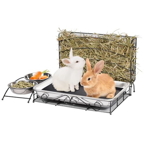 3 in 1 Kaninchen Heu-Futterstation mit Katzentoilette, Metall Bunny Hay Feeder mit Toilette und Schalen, Kleintier Heuraufe Halter für Meerschweinchen Hamster Kaninchen Hase von MasXirch