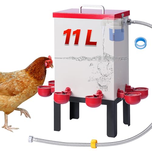 Automatische Hühnerbewässerung, 11L Edelstahl Geflügel Wasserspender mit Schwimmerventil, Wassernäpfe, Bodenhalter und Schlauch, Hühnerwasserspender für Wachteln, Enten, Gänse, Truthahn von MasXirch