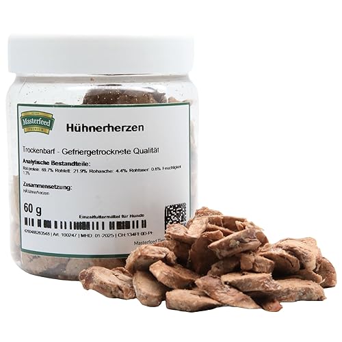 Masterfeed Trockenbarf Hühnerherzen, Gefriergetrocknete Qualität, Getreidefrei, Barf Leckerli für Hunde, 60g von Masterfeed