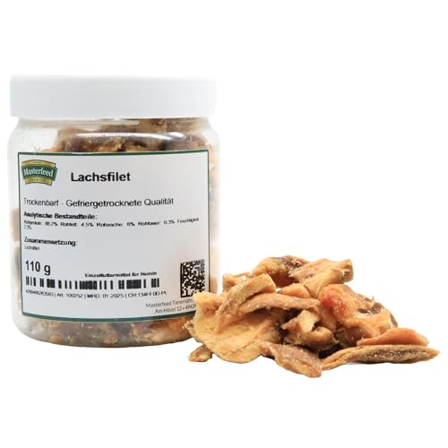 Masterfeed Trockenbarf Lachsfilet, Gefriergetrocknete Qualität, Getreidefrei, Barf Leckerli für Hunde, 110g von Masterfeed