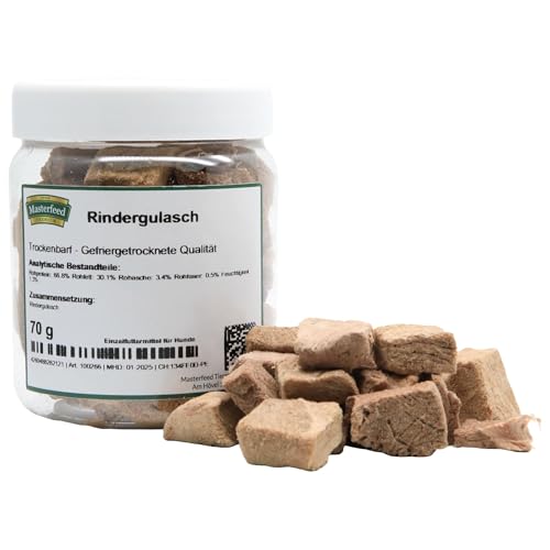 Masterfeed Trockenbarf Rindergulasch, Gefriergetrocknete Qualität, Getreidefrei, Barf Leckerli für Hunde, 70g von Masterfeed