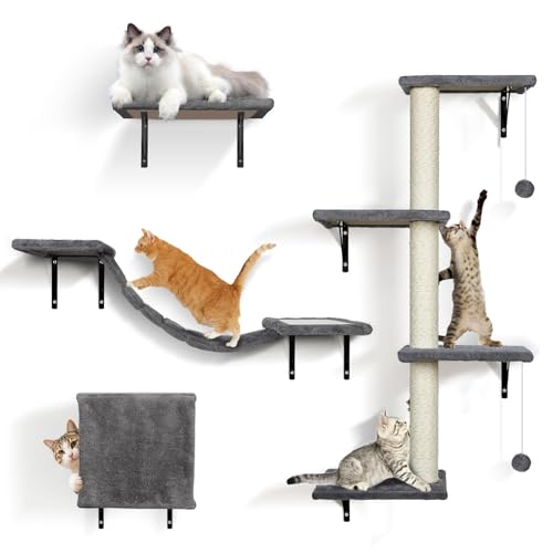 Kletterwand Katzen,Masthome 10-Teiliges Katzen Kletterwand Set,Katzen Wandelemente, Große Kratzbaum Wand,Hängebrücke, Kratzsäulen mit Sisal,Ruhe und Spielwandregal mit Spurenkugel, bis 10 kg von Masthome