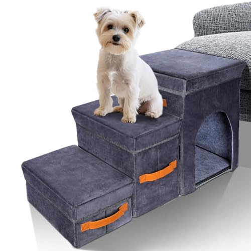 Masthome Hundetreppe für Kleine Hund, 3 Stufen Hundetreppe Faltbare mit Aufbewahrungsbox & Katzenloch, Hunderampe, Katzentreppe für Couch und Bett, Haustiertreppe für Ältere Große Hunde von Masthome