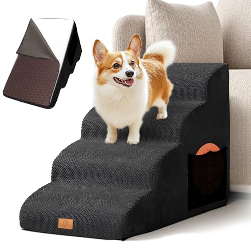 Masthome Hundetreppe für Kleine Hunde, 4 Stufen Haustiertreppe mit Waschbarer Bezug, 52cm Hoch Katzentreppe aus Schwamm für hohe Betten, Leiter Hunderampe, Abnehmbar, Schwarz von Masthome