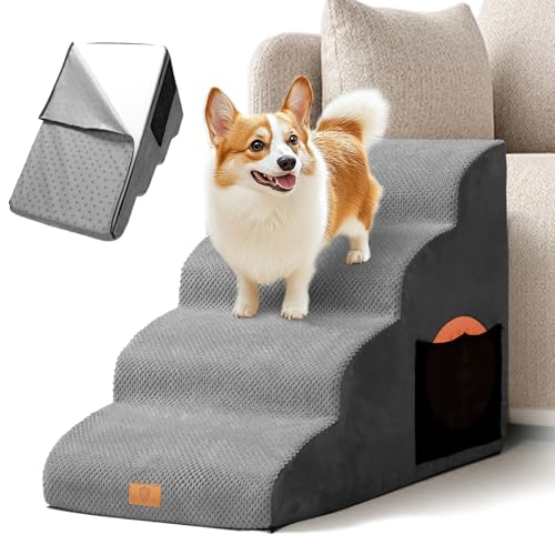 Masthome Hundetreppe mit 4 Stufen aus Schwamm, Hundetreppe für Kleine Hunde, Hunderampe mit abnehmbarem und waschbarem Bezug, Haustiertreppe für Bett Sofa, rutschfeste Leiter für Haustiere (Grau) von Masthome