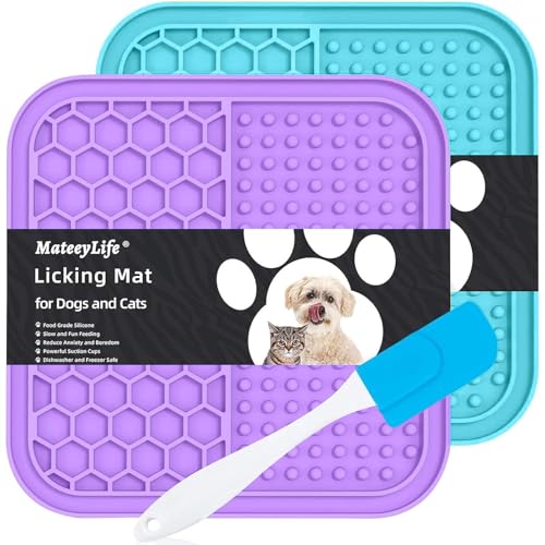 MateeyLife Schleckmatte Hund, 2 Stück Leckmatte Hund, Schleckmatte Katze, BPA-freies Silikon, rutschfest mit Saugnäpfen, inkl. Spatel, ideal für Baden, Training und Fellpflege(lila und hellblau) von MateeyLife