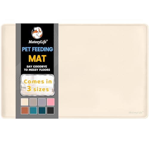 MateeyLife 61 x 40,6 x 1,5 cm beige Haustierfuttermatte für Futter und Wasser, Silikon-Hundenapfmatten für Böden, wasserdichte rutschfeste Hundenapfmatte mit erhöhten Kanten, um Futter und Wasser auf von MateeyLife