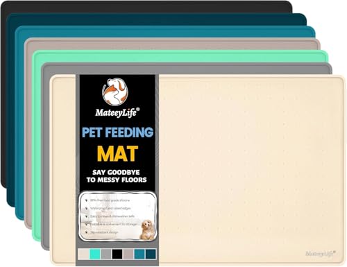 MateeyLife Napfunterlage Hund Katzen, Silikonmatte Hundenapf Unterlage Katzennapf, rutschfeste Futtermatte Katzen Hund, Wasserdicht Futterunterlage Katzenmatte, 46x31cm, Beige von MateeyLife