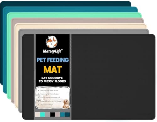MateeyLife Napfunterlage Hund Katzen, Silikonmatte Hundenapf Unterlage Katzennapf, rutschfeste Futtermatte Katzen Hund, Wasserdicht Futterunterlage Katzenmatte, 46x31cm, Schwarz von MateeyLife