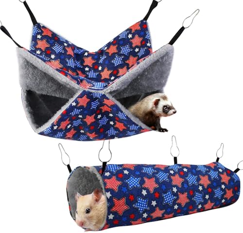Mateju Kleine Haustierkäfig Hängematte, 2 Stück Meerschweinchen Hängematten und Röhrentunnel, Hängende Schaukelbett Kleintierbetten für Hamster, Papageien, Kaninchen (blau,30 * 30+50 * 15cm) von Mateju