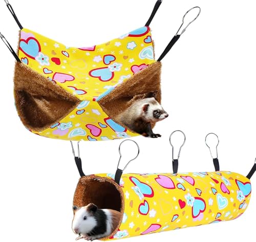 Mateju Kleine Haustierkäfig Hängematte, 2 Stück Meerschweinchen Hängematten und Röhrentunnel, Hängende Schaukelbett Kleintierbetten für Hamster, Papageien, Kaninchen (gelb,30 * 30+50 * 15cm) von Mateju