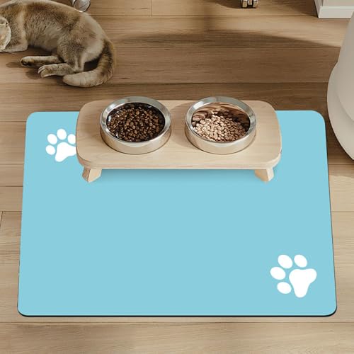 Mateju Napfunterlage Hund Katzen, Hund rutschfest Saugfähig Schnelltrocknend Futtermatte Hunde Katzen Matte, Pfotenabdrücke Napfunterlage Katze Hundenapf Unterlage (B himmelblau,50x80cm) von Mateju