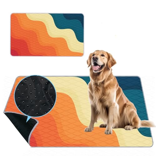 Mateju Welpenunterlagen Waschbar Welpen Trainingsunterlagen Haustier-Urinunterlage rutschfest Saugfähig Wiederverwendbare Hygieneunterlage für Haus Reise Haustierkiste (100x70cm,Orange Wellen) von Mateju