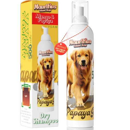 Trockenshampoo für Hund und Katze 500ML Schaum Mango und Papaya ohne Ausspülen | Schnelltrocknend & Natürlich | Hypoallergen Hautfreundlich Geruchsneutralisierende Wirkung von Mauritius Island Dogs