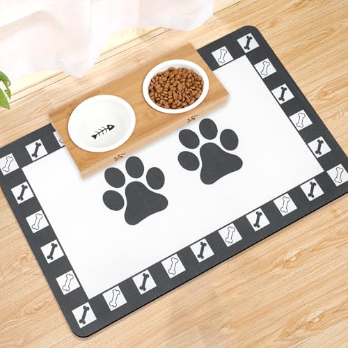 Mavicen Napfunterlage Hunde und Katze, Saugfähige Schnelltrocknend Hundenapf Unterlage, rutschfeste Futternapf Unterlage für Haustier (Weiß-Pfoten-Muster, 30×50cm) von Mavicen
