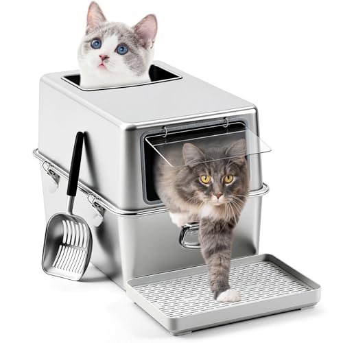 Maxdot Katzentoilette aus Edelstahl mit Deckel, große geschlossene Metall-Kitty-Katzentoilette mit Schaufel und Matte, Vordereingang oben, Geruchskontrolle, nicht klebrig, leicht zu reinigen, 60 x 40 von Maxdot